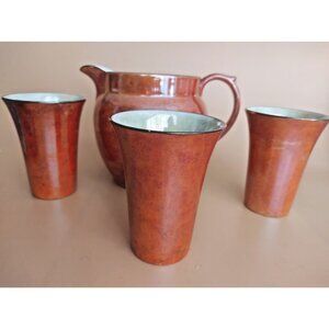 Antique Grimwades Byzanta Ware Iridescent Orange Lustre Ware Pitcher & 3 Mugs